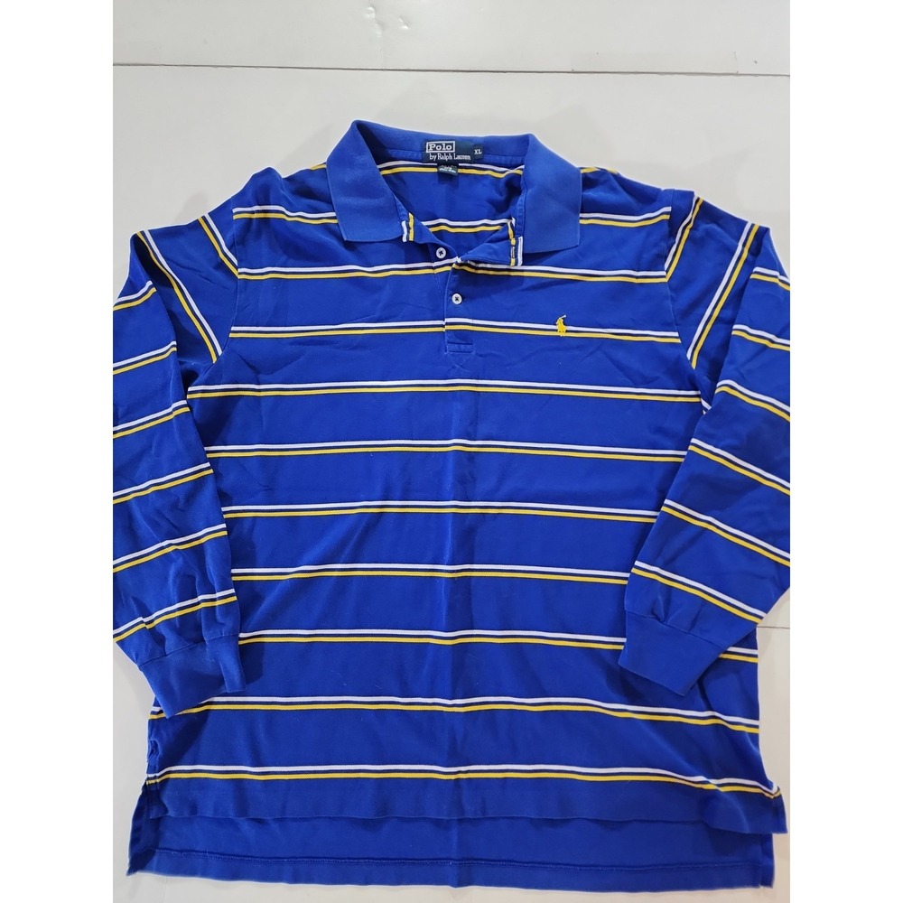 Vtg Polo Ralph Lauren Striped Long Sleeve Polo Shirt XL Blue Yellow Pima Cotton